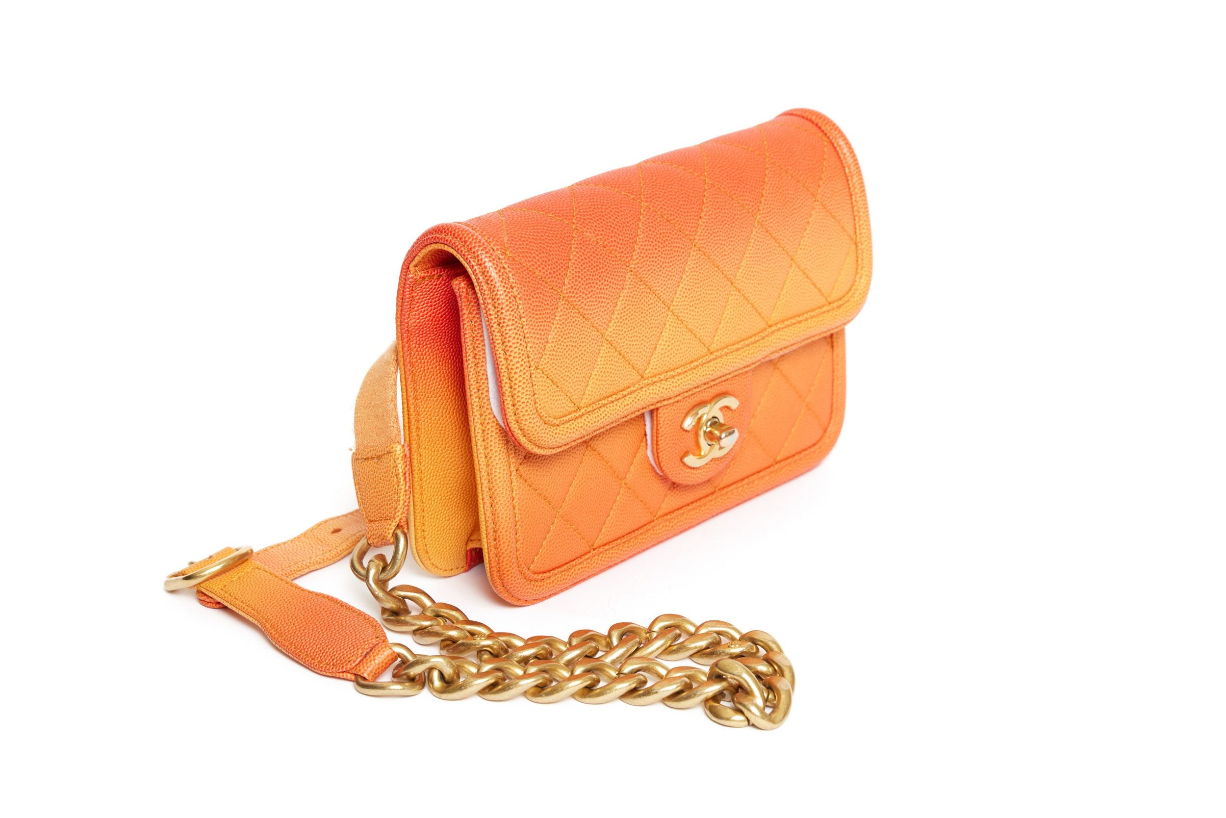 CHANEL Small Classic Double Flap Shoulder bag  Orange Yellow  Silver  Hardware Vintage  Preowned luxury Preloved Lux Canada  Unicorn color Rare