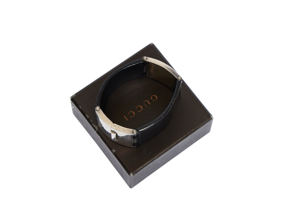 GUCCI Black Leather and Silver Bracelet