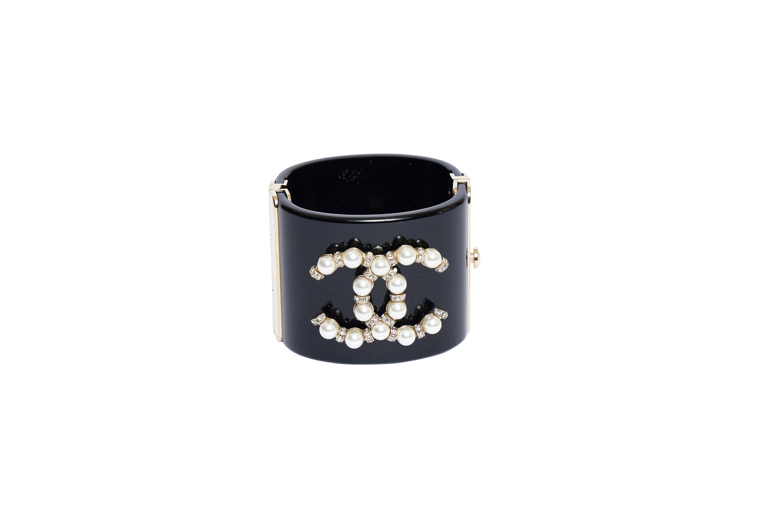 Chanel Black Cuff Pearl Logo Bracelet