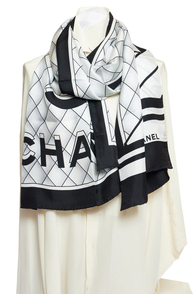 Chanel Black And White Silk Scarf - Vintage Lux