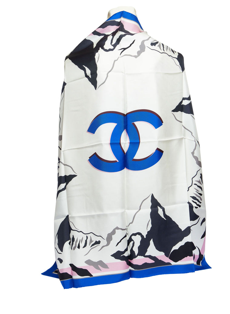 Chanel White Silk Blue CC Logo Scarf