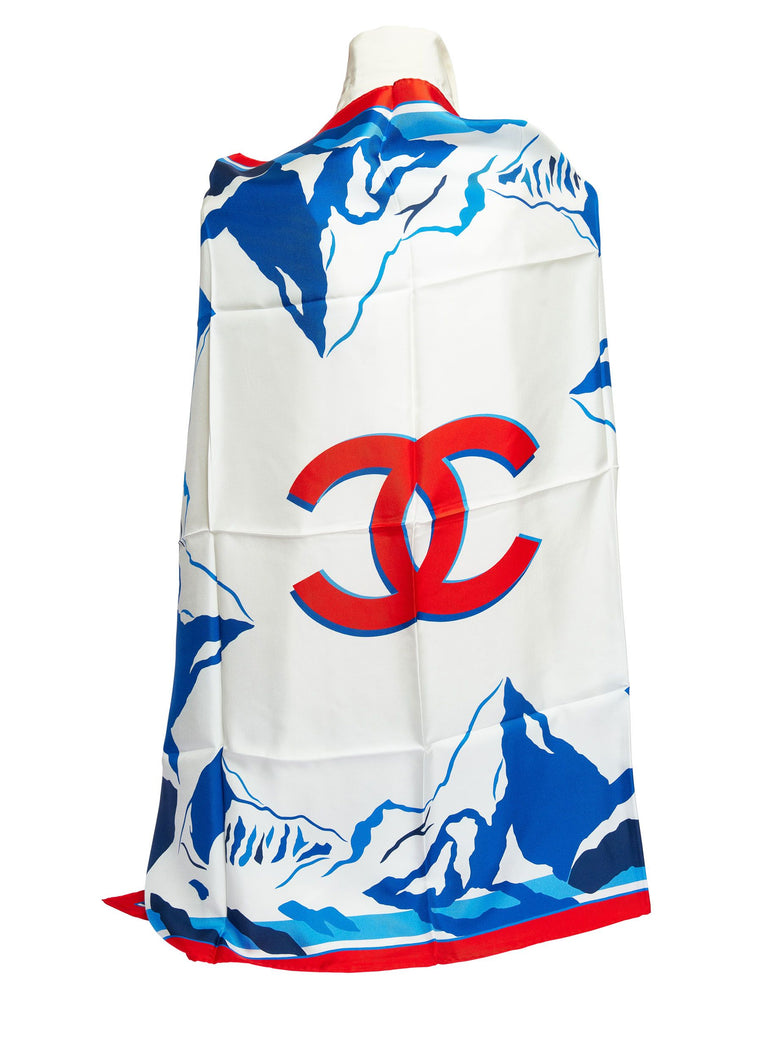 Chanel New White/Blue Silk Red CC Scarf