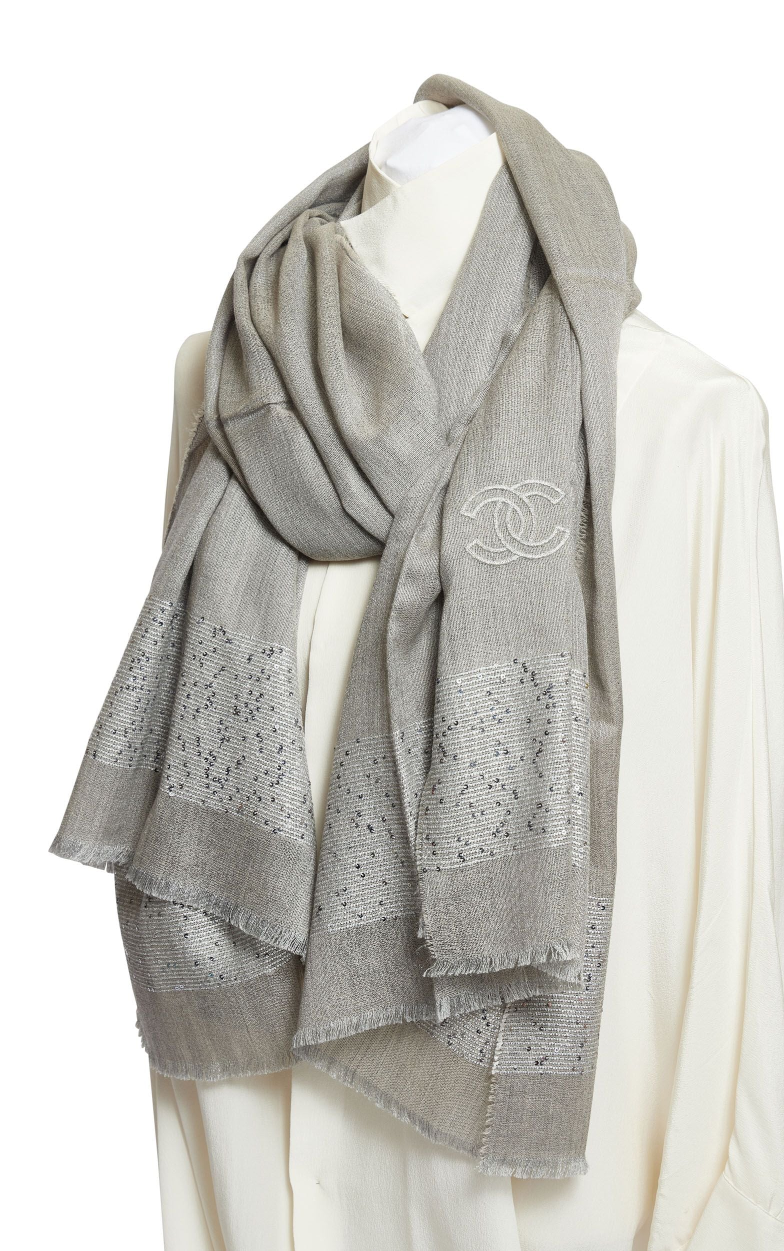 Chanel New Cashmere and Silk Grey Shawl - Vintage Lux