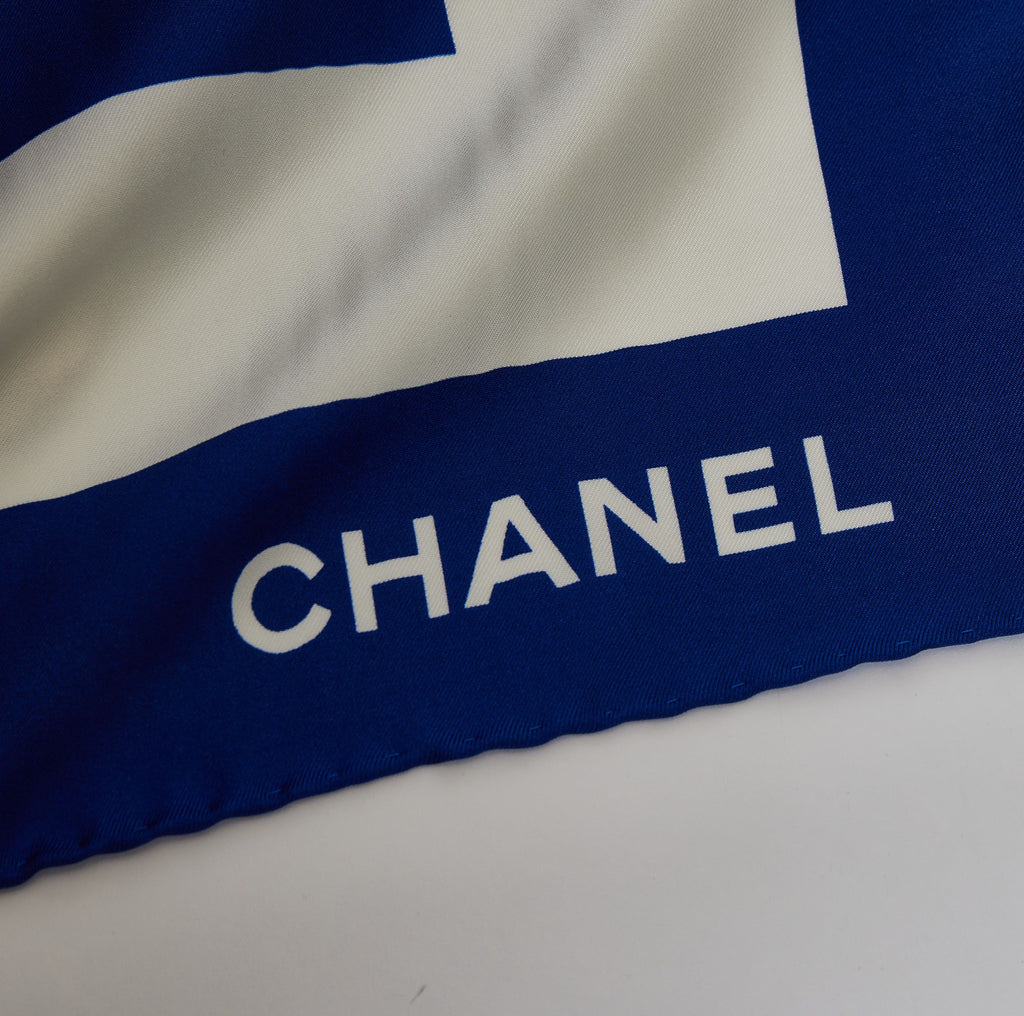 Chanel New Silk Blue Shawl White CC logo