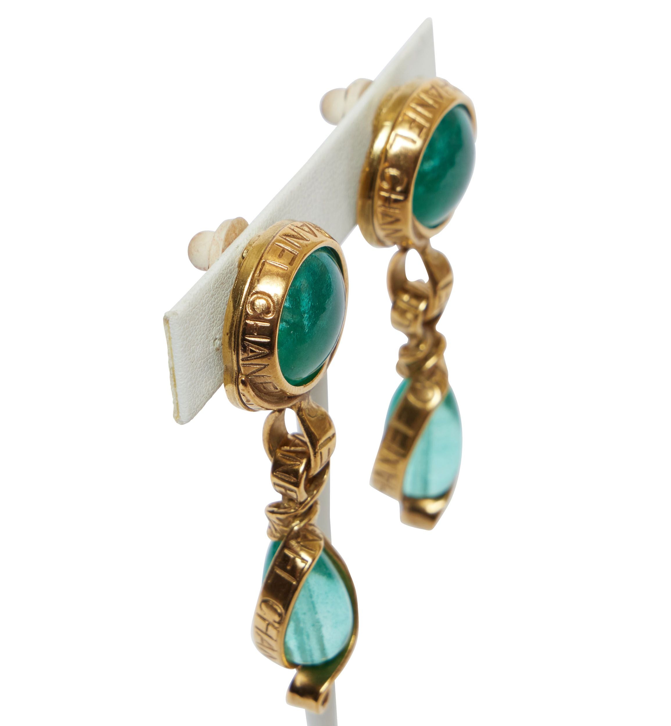 Chanel Gold Metal/Green Gripoix Earrings - Vintage Lux
