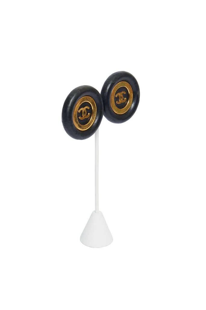Chanel Black Leather/CC Gold Earrings