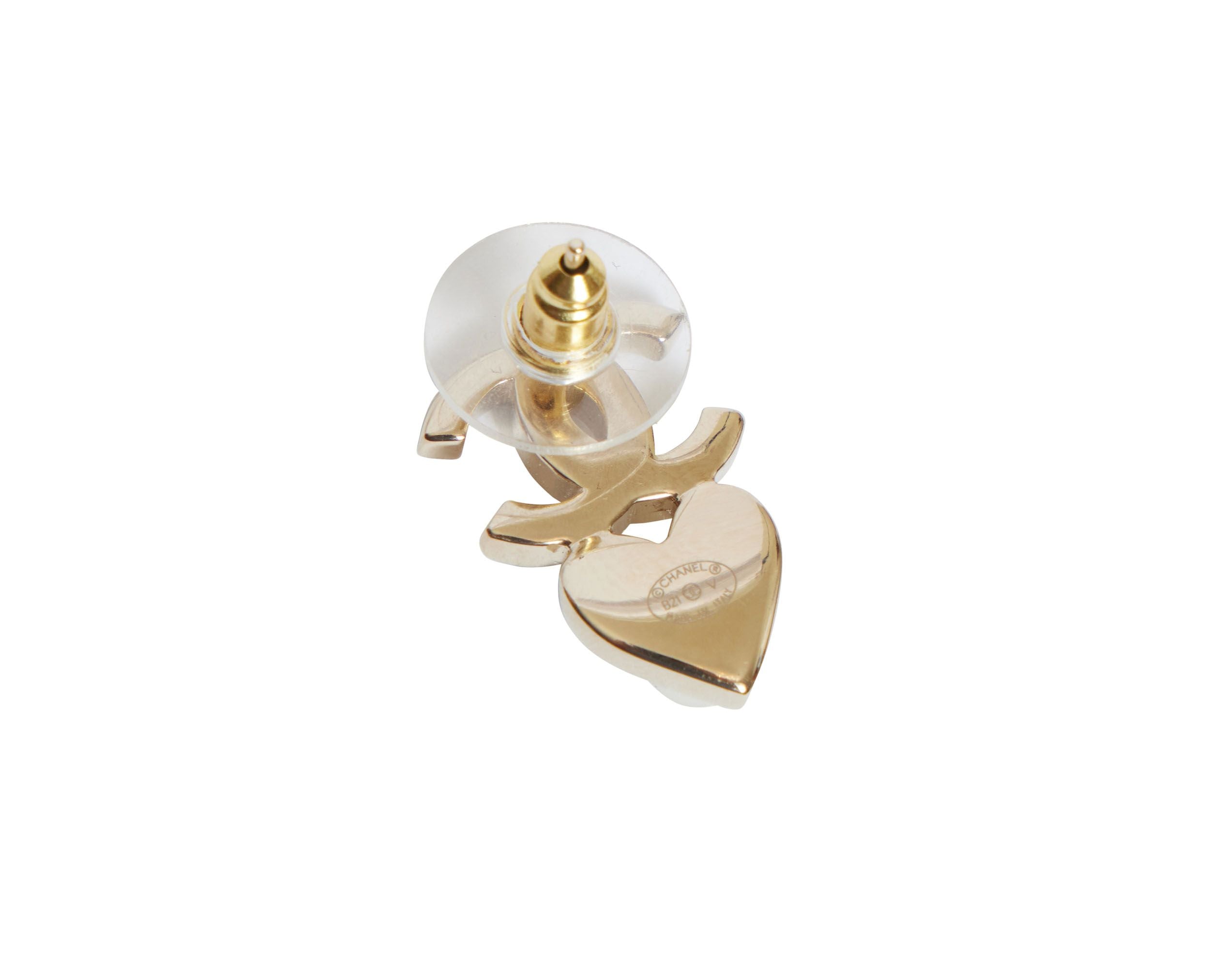 Chanel CC Drop Heart Earrings in Gold with Pearl and Rhinstones