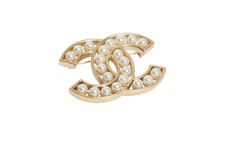Chanel CC Logo Gold Metal and Pearl Pin