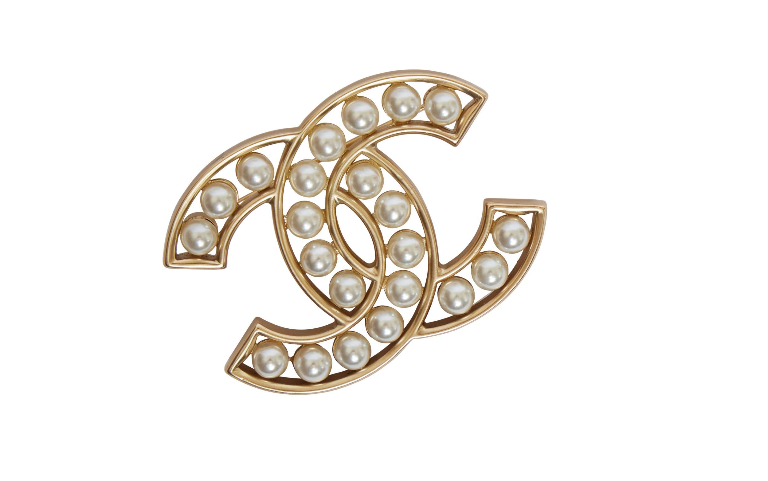 Chanel CC Logo Gold Metal and Pearl Pin - Vintage Lux