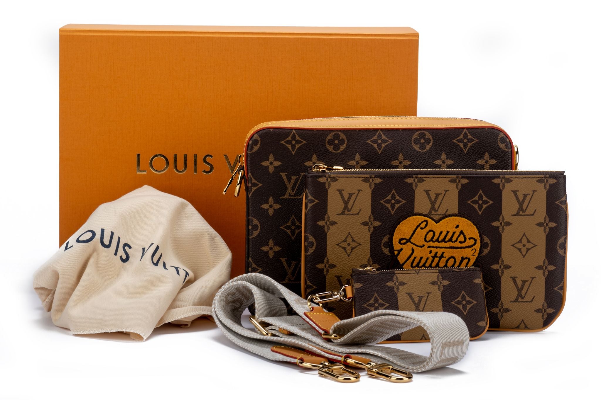 Louis Vuitton Monogram Pouch Pochette Wristlet Strap New, Dust Bag Gold  Hardware