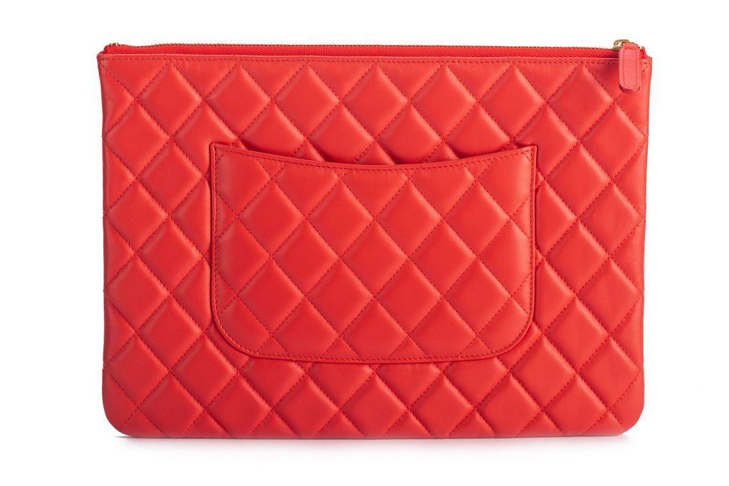 Chanel Coral Red Lambskin Quilted Clutch