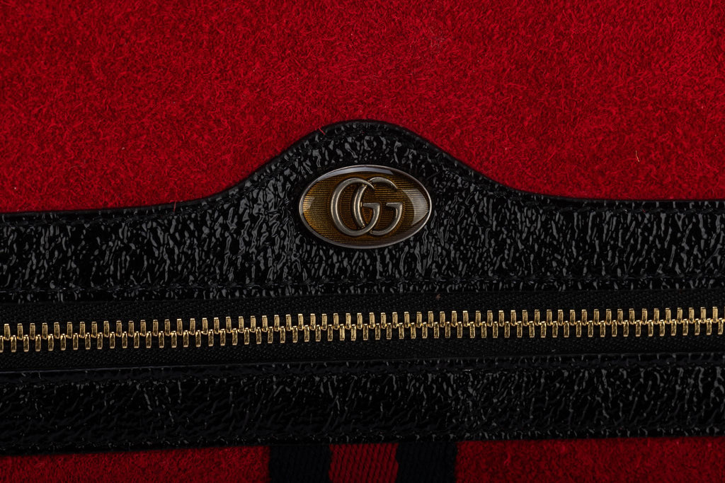 Gucci New Red Suede/Black Patent Clutch