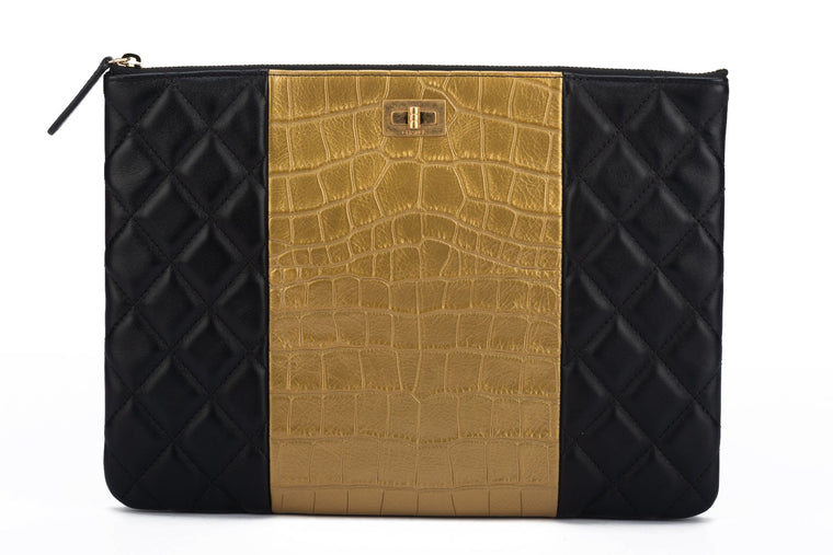 Chanel BNIB Black & Gold Croc Clutch