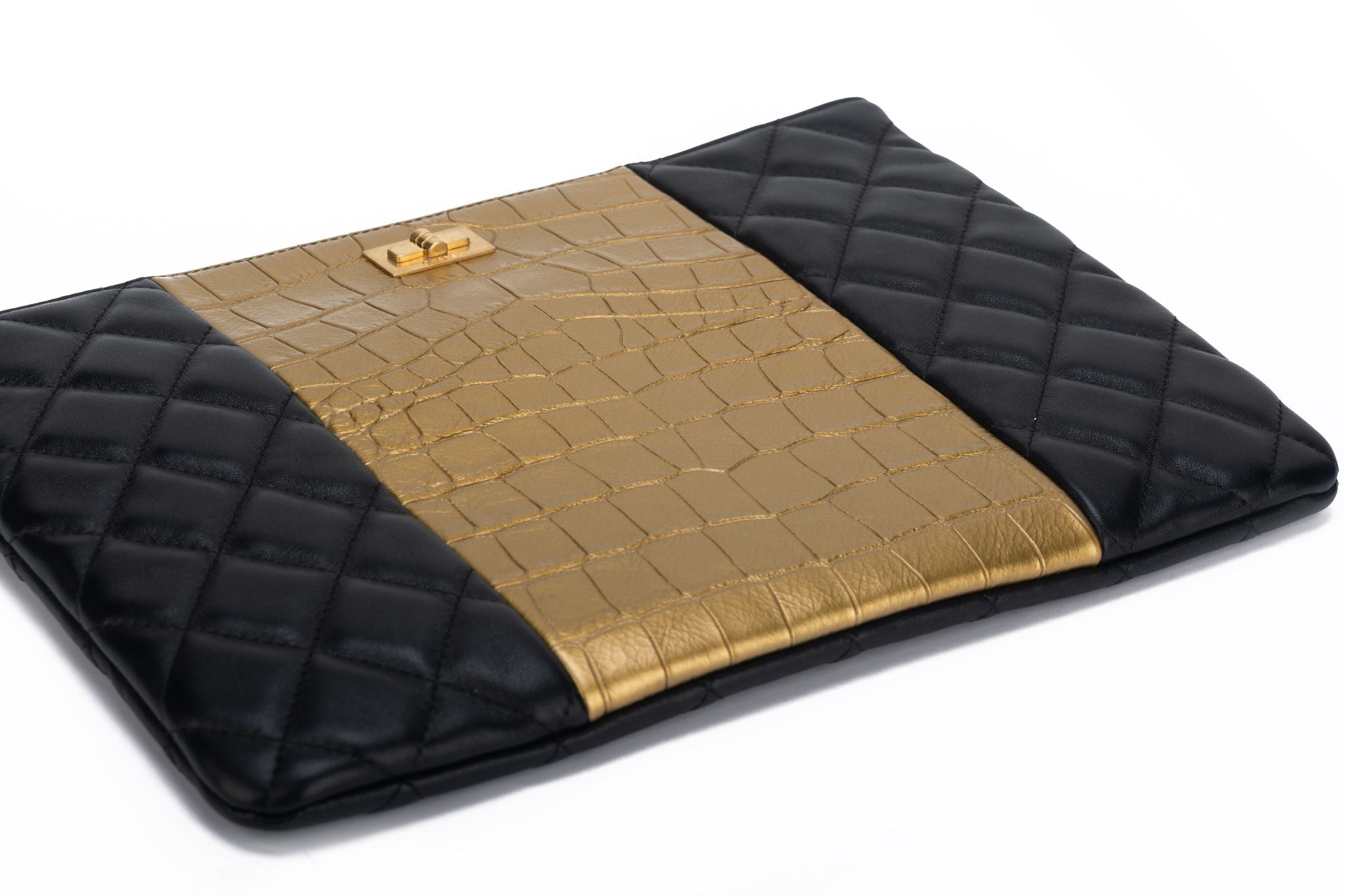 Chanel BNIB Black & Gold Croc Clutch - Vintage Lux