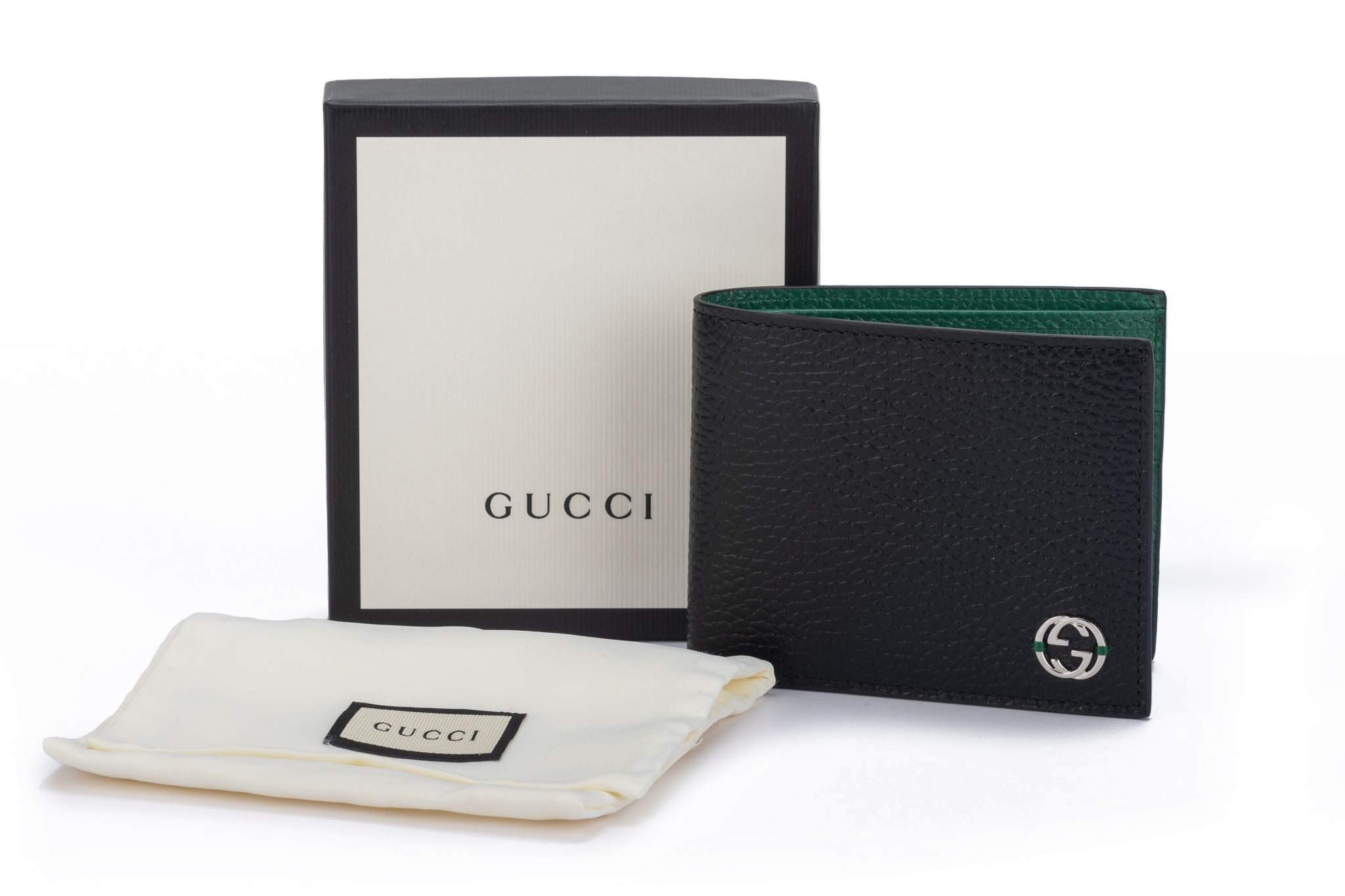 lindre Opmærksomhed Antarktis Gucci NIB Black Green Bifold Wallet - Vintage Lux