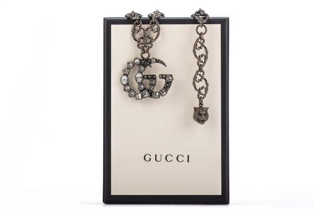 Gucci NIB Gunmetal Logo Necklace