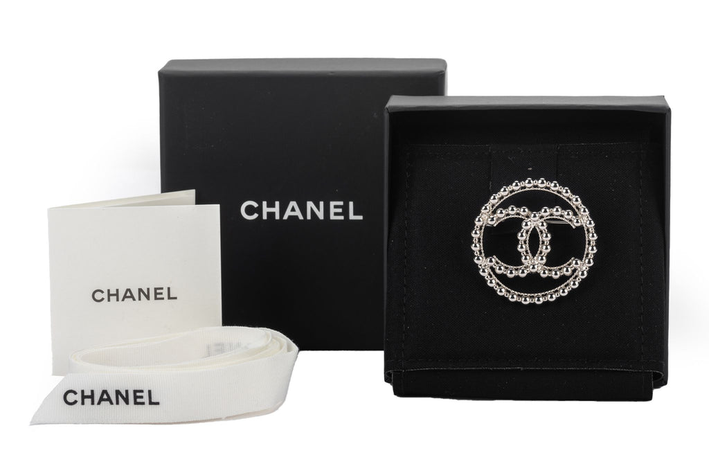Chanel BNIB Silver CC Logo Round Pin