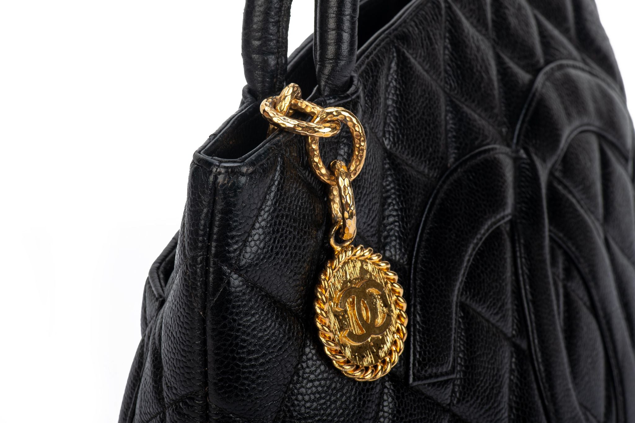Chanel Medallion Vintage Tote Bag In Black Quilted Caviar Leather