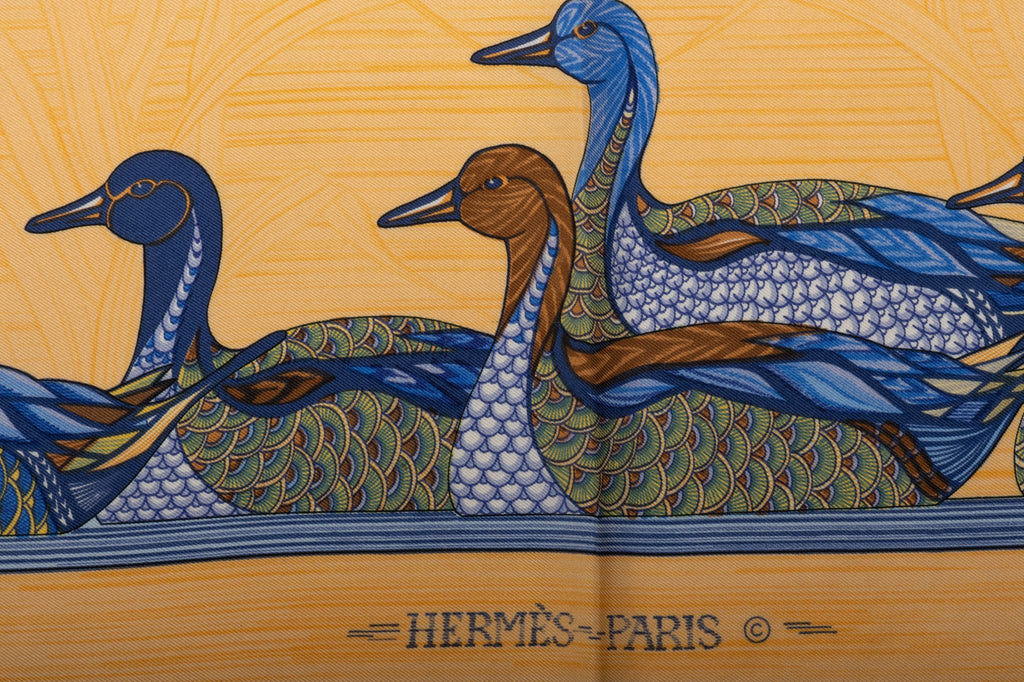 Hermes Apricot/Blue Ducks Silk Scarf