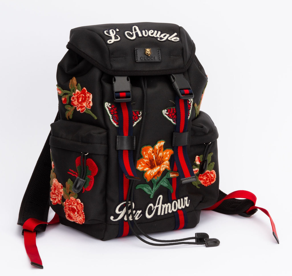 Gucci New Black Embroidered Backpack