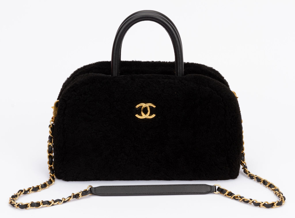 Chanel Black Shearling Bowler Bag Strap