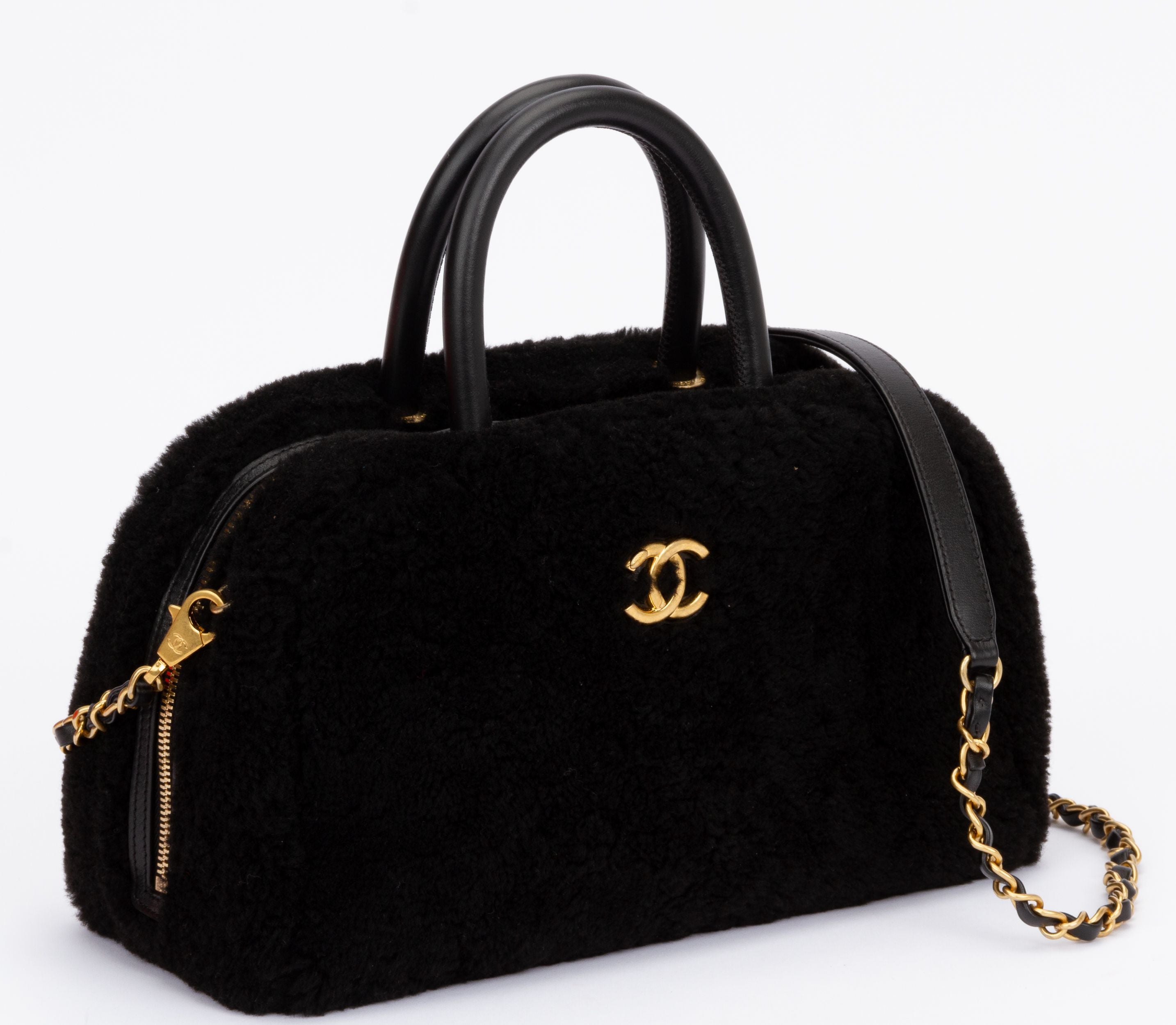 Chanel Black Shearling Bowler Bag Strap - Vintage Lux