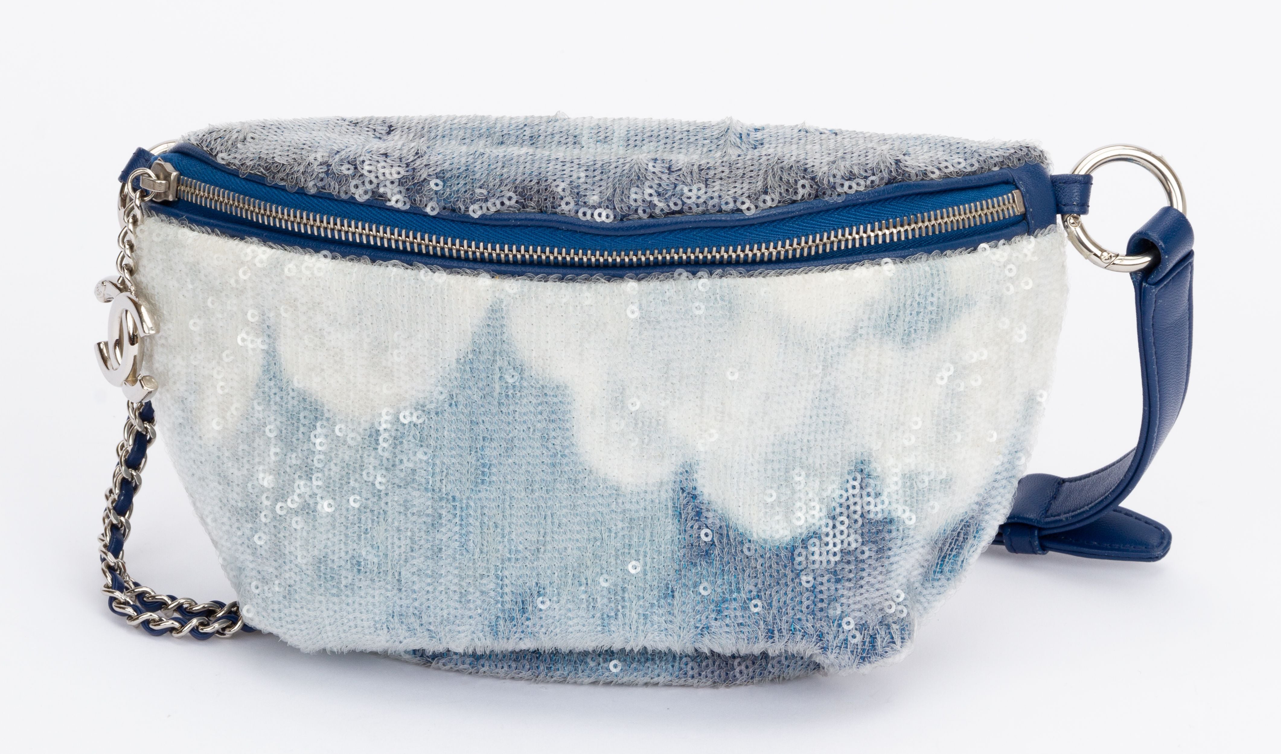 Chanel Sequin Fanny Pack Leather Waist Bag Blue/White