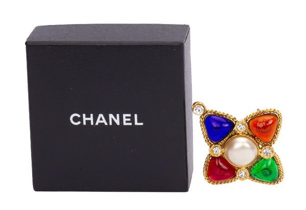 Chanel Black Metallic Gripoix and Crystal Pin Brooch Chanel
