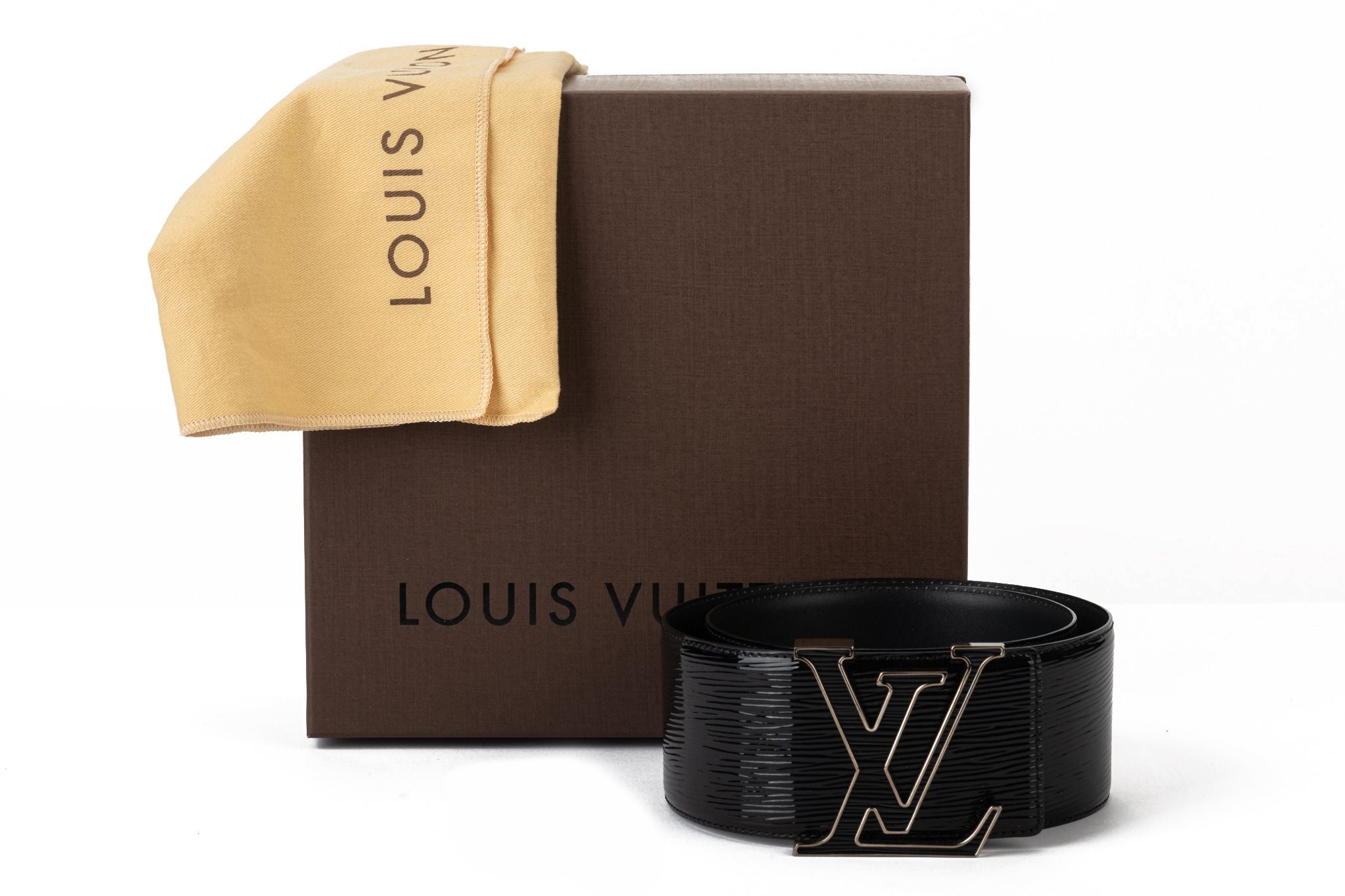 LOUIS VUITTON, black epi leather belt, gold metal buckle…