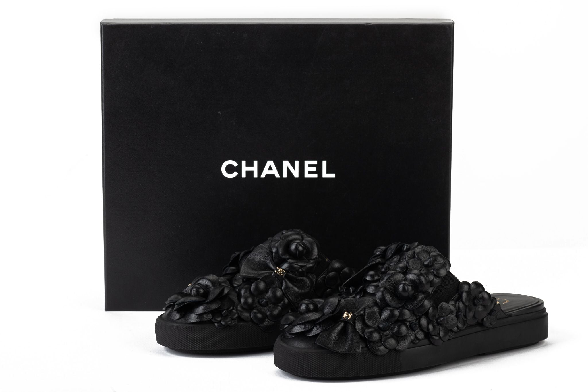 Chanel BNIB Black Camellia Slides 38 - Vintage Lux
