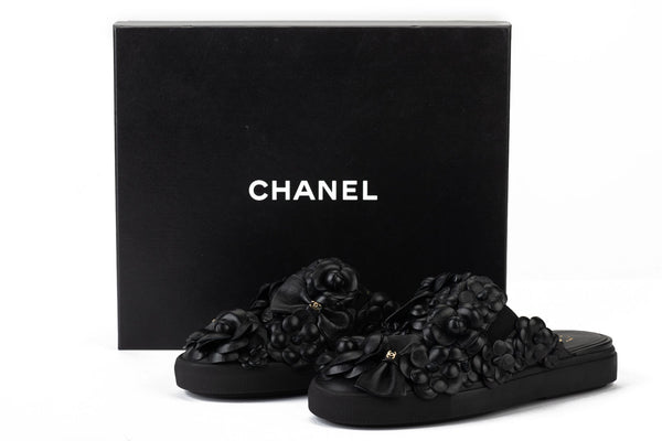 CHANEL, Shoes, Chanel Camellia Flat Beige Mules Sandals