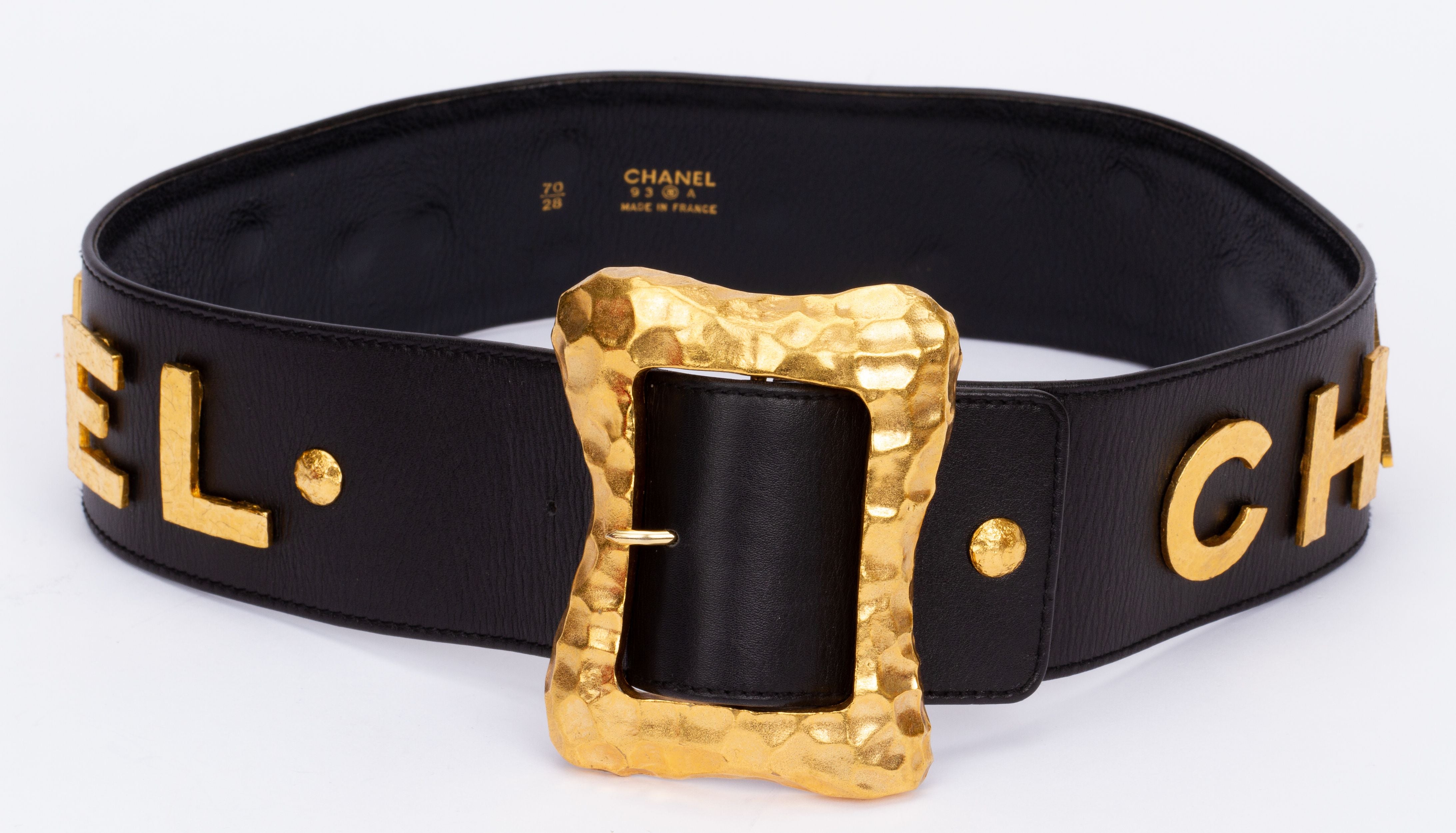 Gold Metal and Black Leather Oversized Interlocking CC Belt, 1997