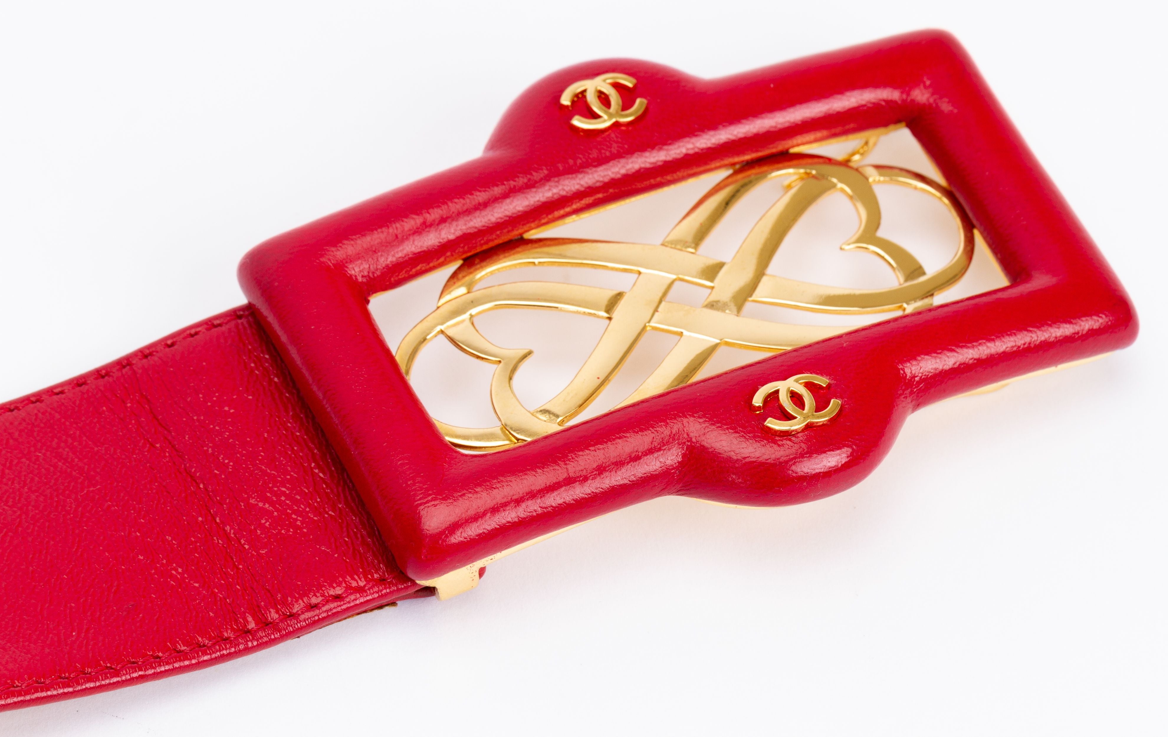 Chanel Red 80s Belt With Chain Drop - Vintage Lux