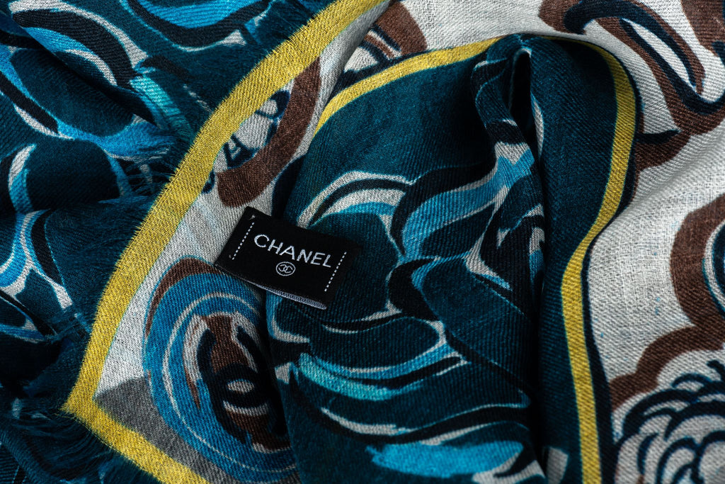 Chanel New Navy Camellia Cashmere Shawl