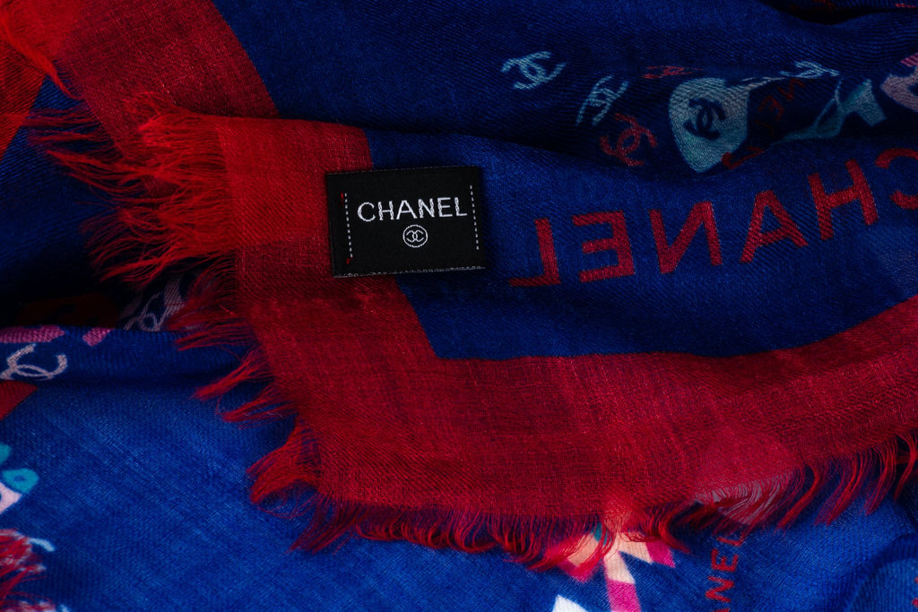 Chanel New Navy Red Cashmere Shawl