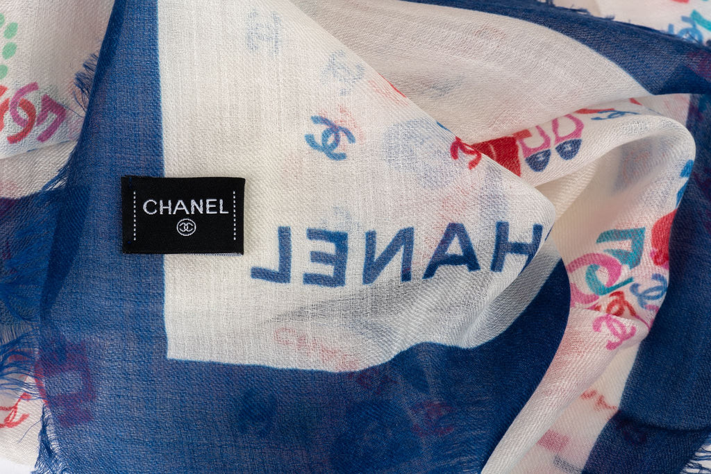 Chanel New White Blue Cashmere Shawl