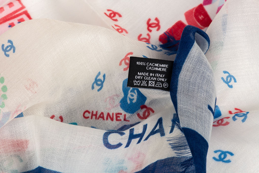 Chanel New White Blue Cashmere Shawl