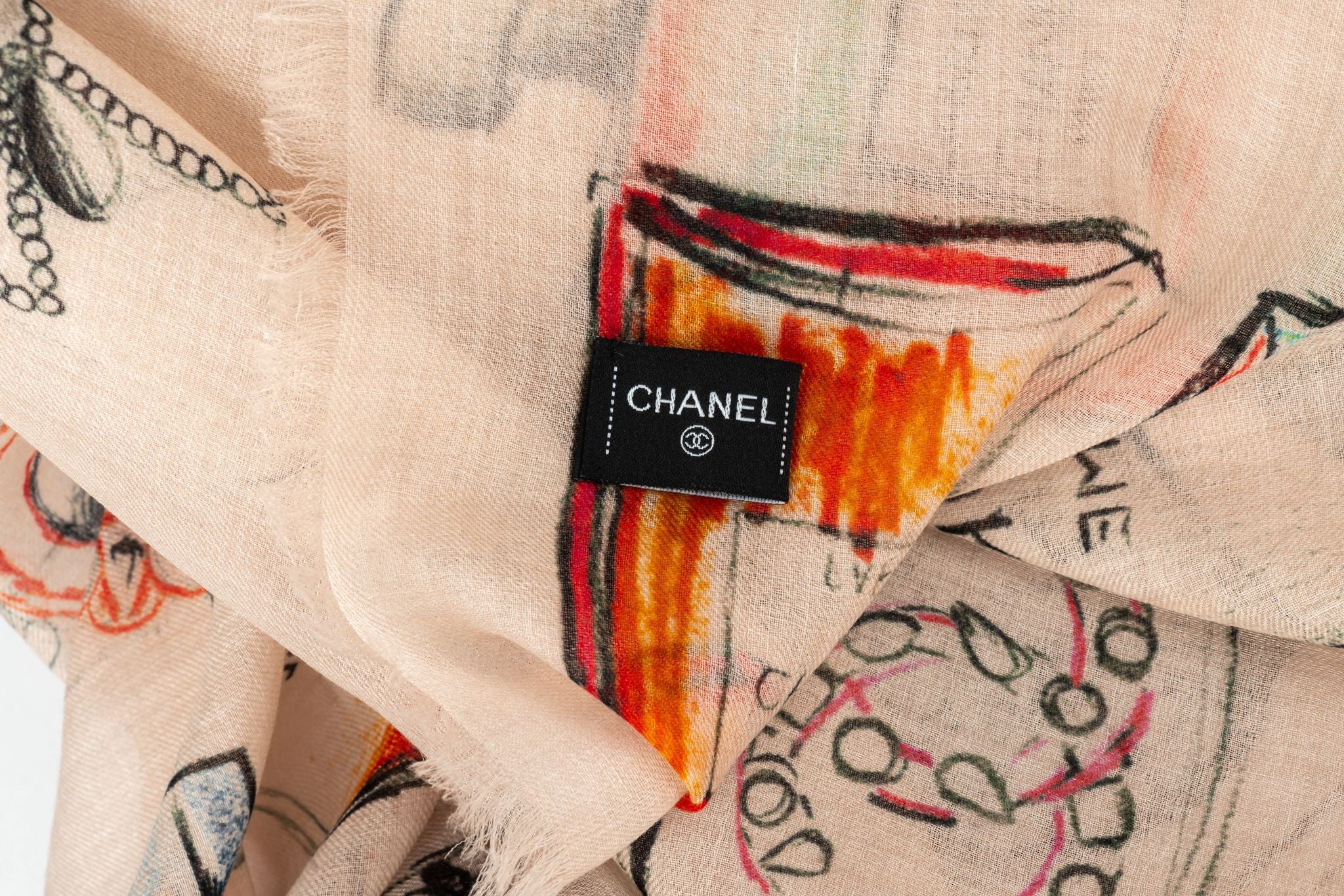 Chanel New Beige Drawings Cashmere Shawl - Vintage Lux