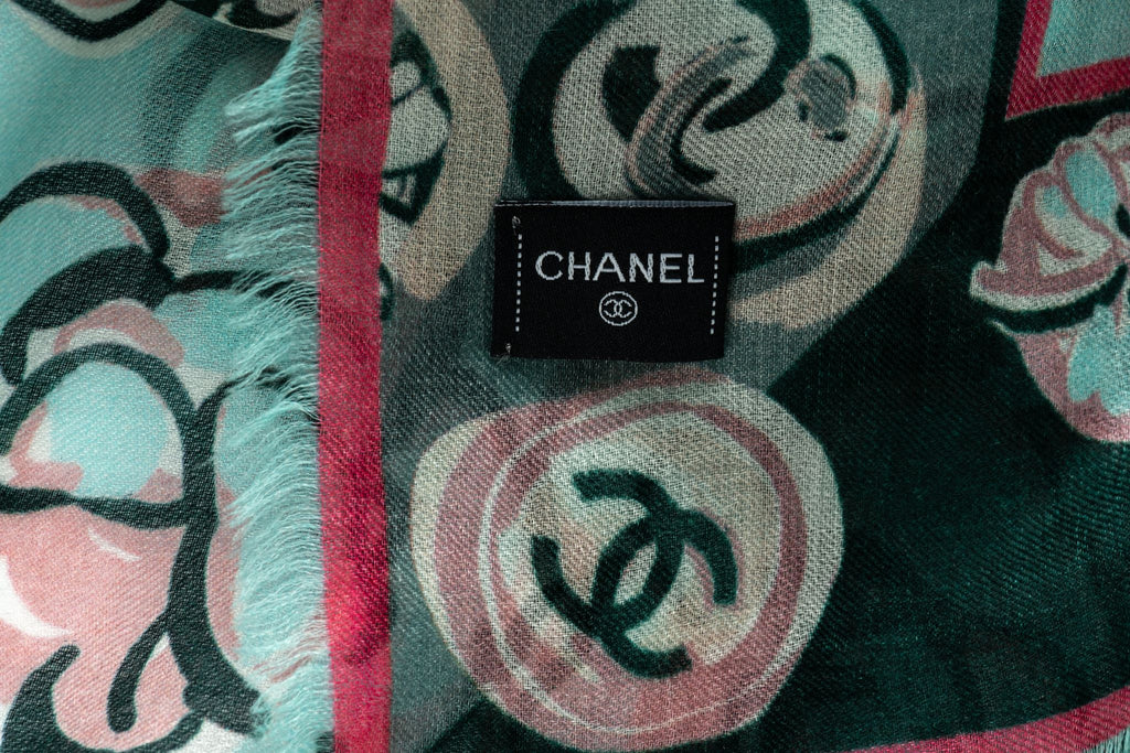 Chanel New Aqua Camellia Cashmere Shawl