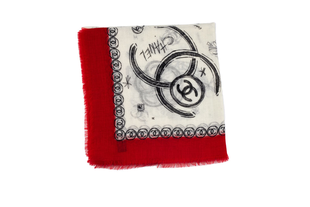 Chanel New White /Red Cashmere Shawl