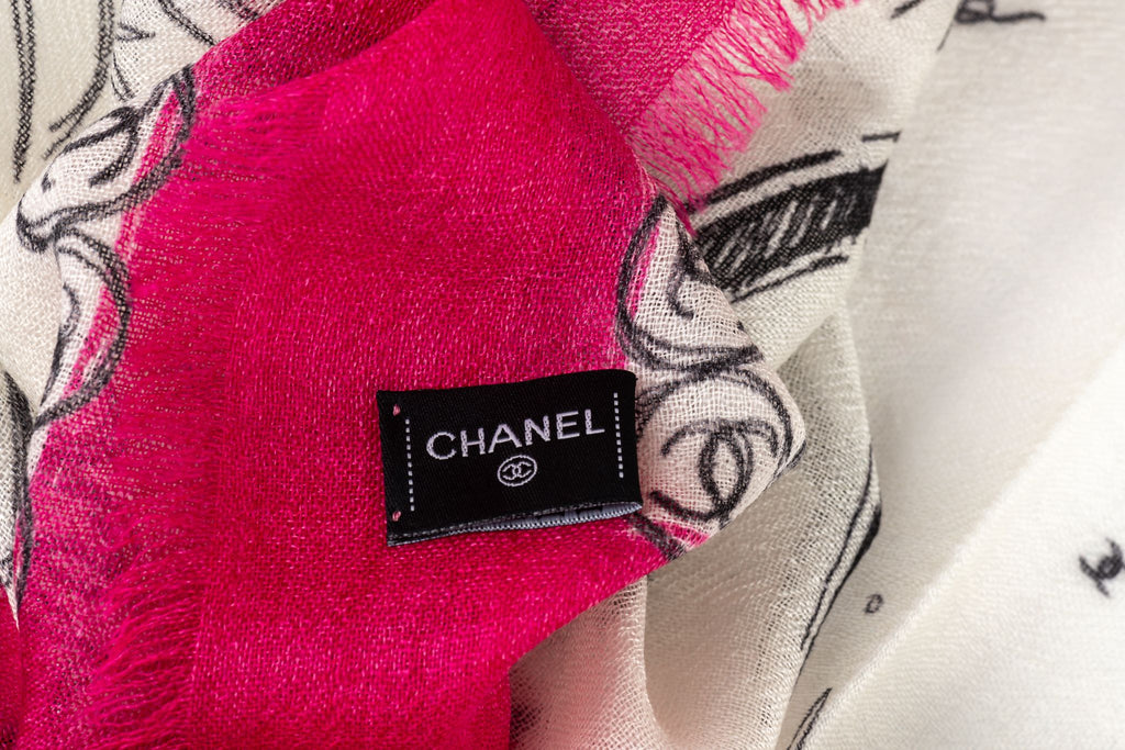 Chanel New White Fuchsia Cashmere Shawl