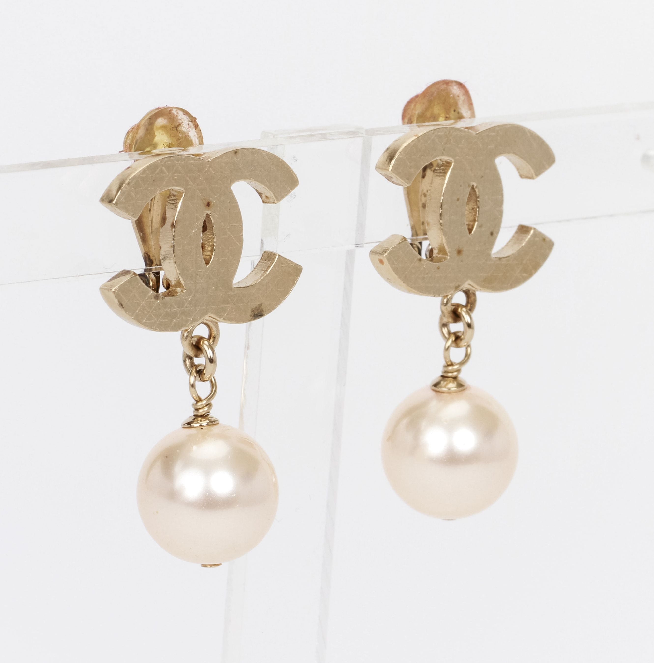 Chanel 2017 Champagne Gold Faux Pearl CC Flower Stud Earrings · INTO