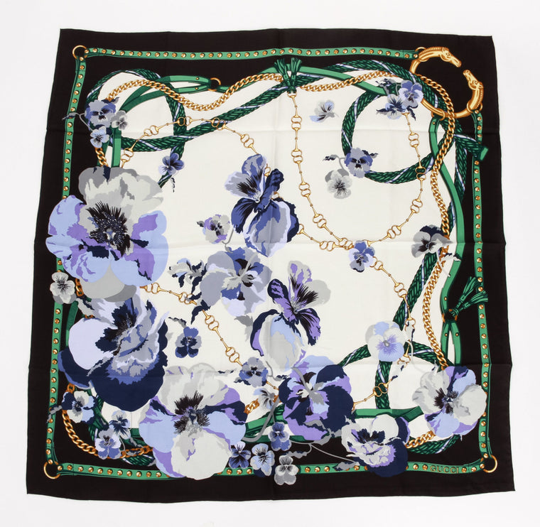Gucci new black blue flowers silk scarf