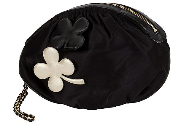 Chanel Black Silk Evening Bag w/ Clovers - Vintage Lux