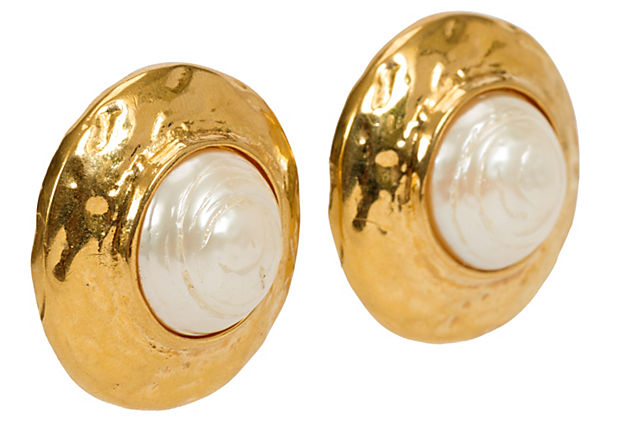 Round YSL Goldtone & Pearl Earrings