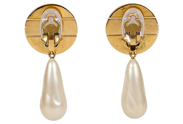 Chanel Vintage Brown CC Logo And Faux Pearl Drop Earrings