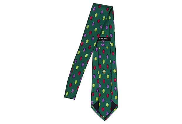 Chanel Green Dot Print Silk Tie