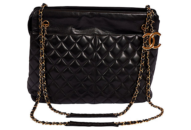 Chanel Vintage Black Quilted Caviar Leather Shoulder Bag with Gold Hardware
