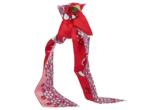 Hermes Red Pink Pearls Silk Twilly Scarf