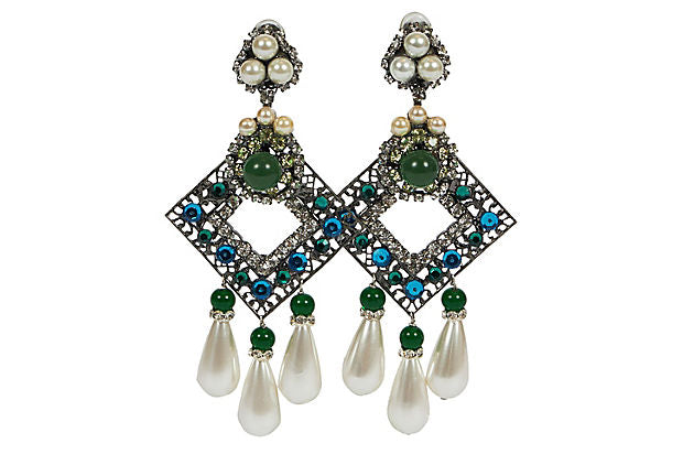 Vrba Emerald & Pearl Chandelier Earrings